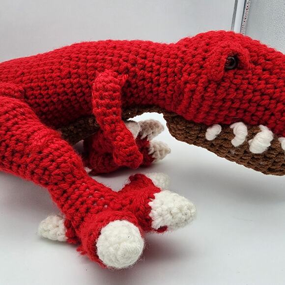 Handmade Crochet Red T-Rex Jumbo Dinosaur Plush 24" Large Stuffed Animal - Picture 7 of 16
